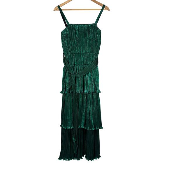 Mac Duggal NWT 27062 Ruffle Tiered Belt Detail Dress Emerald Green Sz 2 Metallic - Picture 3 of 9